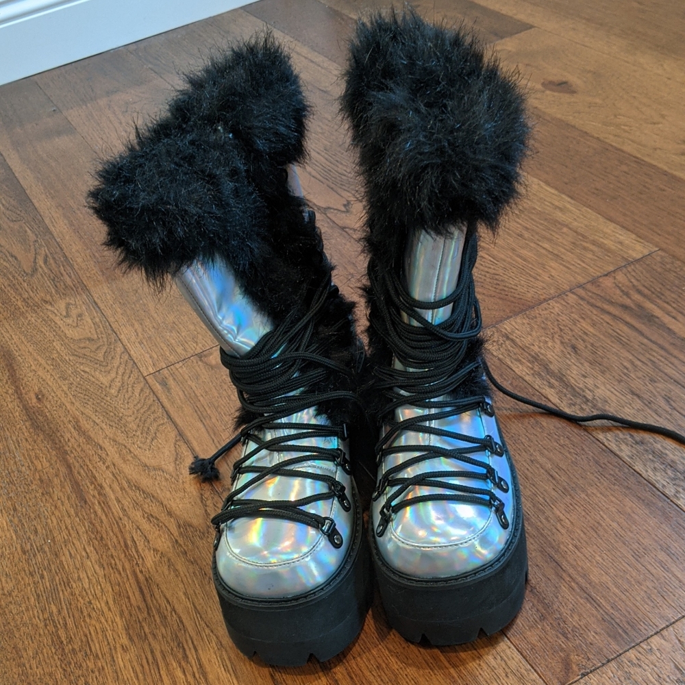 Dolls Kill Club Exx Holographic Fur Platform Boots